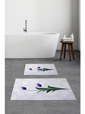 PremiumPort Yıkanabilir Çiçek Desenli Kaymaz Banyo Paspası, 2'li Klozet Seti