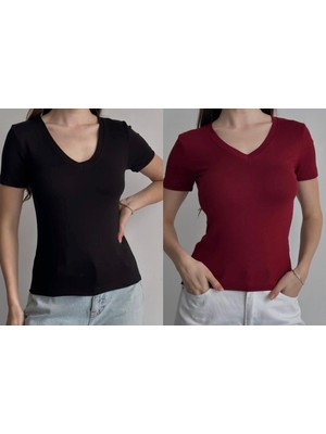 Betnur Kadın V Yaka Rahat Esnek Modal Kumaş Bluz Bady