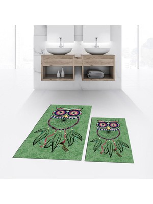 PremiumPort Yıkanabilir Dijital Baskılı Kaymaz Taban Ikili Banyo Paspas Takımı