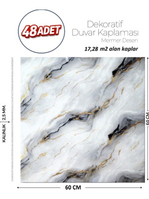 Brano 60X60 cm Kendinden Yapışkanlı Duvar,banyo,tezgah Arası Gri-Siyah Mermer-48 Adet