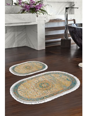 PremiumPort Yıkanabilir Oval Banyo Paspas, Vintage Turkuaz, 50X80 ve 40X50 cm