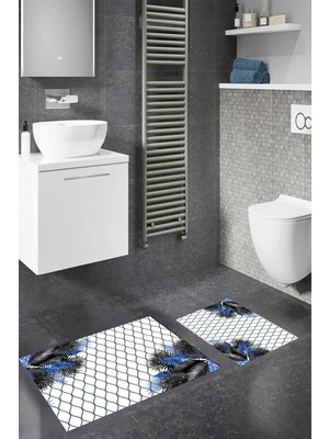 PremiumPort Yıkanabilir Çiçek Desenli Dijital Kaymaz Banyo Paspası Çift Takım