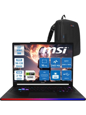 Msi Raider 16 Max Hx OLED B2WJ-022TR Intel Core Ultra 9 290HX Plus 96GB Ddr5 2tb SSD Rtx 5090 24GB 175W Freedos 16” Qhd+ (2560X1600) 240Hz Oyuncu Bilgisayarı 022TRF22 + Zetta Çanta