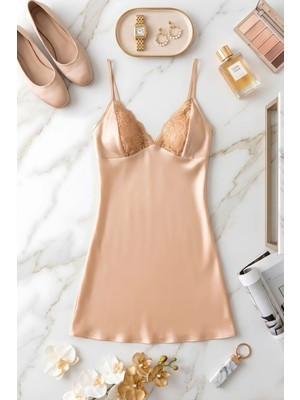 QKK Kadın Pudra Dantelli Saten Gecelik