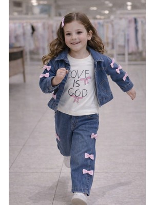 Kız Çocuk Kot Ceket Pantolon Fiyonklu ve Sweet