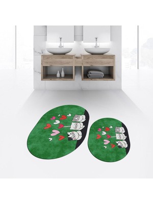 PremiumPort Dijital Baskılı Kaymaz Taban Yıkanabilir Oval Banyo Paspas Takımı