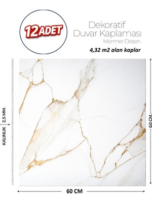 Brano 60X60 cm Kendinden Yapışkanlı Duvar,banyo,tezgah Arası Beyaz-Gold  Mermer-12 Adet