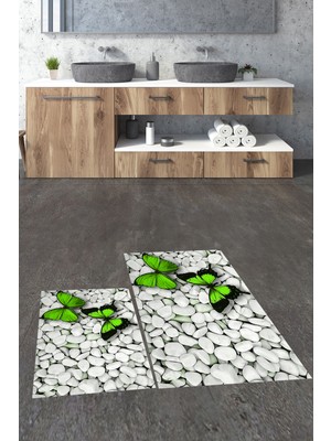 PremiumPort 3D Kelebek Desenli Yıkanabilir Kaymaz Ikili Banyo Halısı Seti