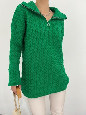 Moda Morfo Yarım Fermuarlı Boğazlı Kışlık Triko Kazak -Zümrüt