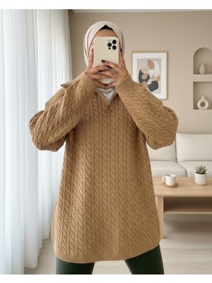 Moda Morfo Yarım Fermuarlı Boğazlı Kışlık Triko Kazak -Vizon