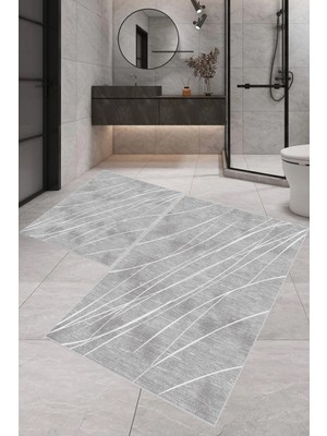 PremiumPort Modern Dijital Baskı Banyo Halısı Takımı, 100X60+60X50 cm