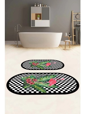PremiumPort Renkli Flamingo Desenli Dijital Yıkanabilir Oval Banyo Paspası Takımı