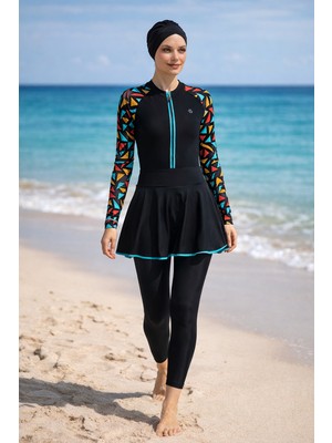 Haliç Mayo 3 Farklı Şekilde Giyilebilir Likralı Etekli Tesettür Mayo 6440 Siyah