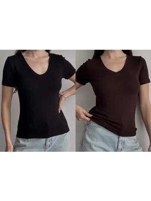 Betnur Kadın V Yaka Rahat Esnek Modal Kumaş Bluz Bady