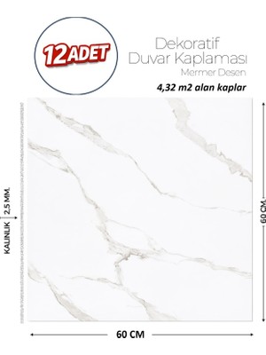 Brano 60X60 cm Kendinden Yapışkanlı Duvar,banyo,tezgah Arası Beyaz Mermer-12 Adet