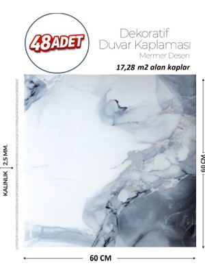 Brano 60X60 cm Kendinden Yapışkanlı Duvar,banyo,tezgah Arası Gri-Mavi Mermer-48 Adet