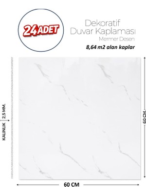 Brano 60X60 cm Kendinden Yapışkanlı Duvar,banyo,tezgah Arası Beyaz Mermer-24 Adet