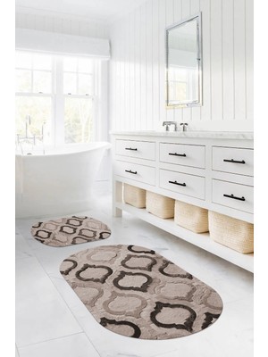 PremiumPort Dijital Baskılı Yıkanabilir Kaymaz Taban Oval Banyo Paspası Klozet Takımı