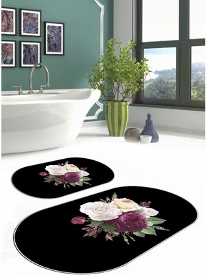 PremiumPort Yıkanabilir Kaymaz Taban Çiçek Motifli Oval Banyo Paspası Klozet Takımı
