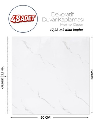 Brano 60X60 cm Kendinden Yapışkanlı Duvar,banyo,tezgah Arası Beyaz Mermer-48 Adet
