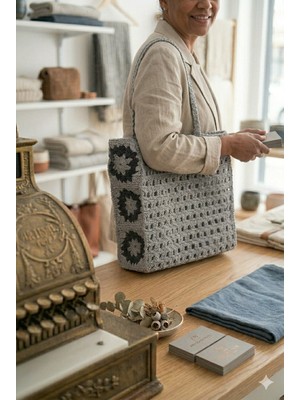Linas Collection El Örgüsü Granny Square Tote Çanta - Gri & Antrasit