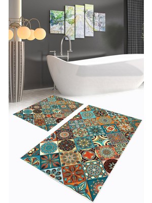 PremiumPort Yıkanabilir Dijital Baskılı Kaymaz Taban Banyo Paspas Seti 2'li
