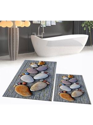 PremiumPort Dijital Baskılı Kaymaz Taban Yıkanabilir Ikili Banyo Paspas Takımı