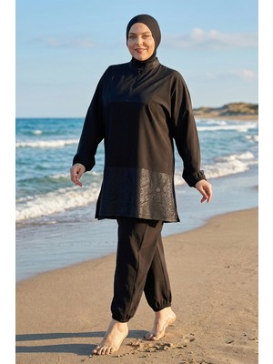 Haliç Mayo Büyük Beden Spor Likra Tam Kapalı Tesettür Mayo 6292 Siyah