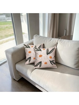Özdağ Home Concept Papatya Nakışlı Dekoratif Kırlent Kılıfı 4’lü Set – Doğal Şık Tasarım (45X45 Cm)