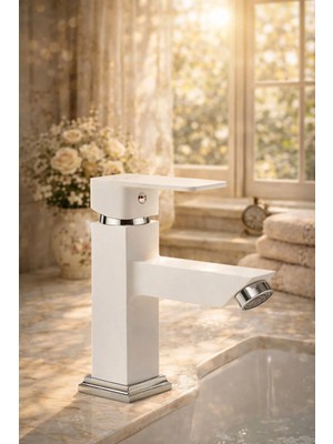 Elmina Armatür Beyaz Lavabo Bataryası Mat Modern Kare Tasarım Banyo Musluğu Sıcak Soğuk Ayarlı Çift Su Girişli