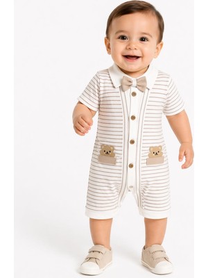 IQ Baby Erkek Bebek Papyonlu Çizgili Ayıcıklı Tulum 0-3 / 3-6 / 6-9 Ay