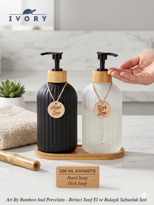 Kasımoğulları Concept Sıvı Sabunluk Seti - 500 ml Porselen & Bambu El ve Bulaşık Sabunluğu - Mat Siyah & Beyaz