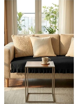YUNUSOĞLU HOME Keten Pamuk Koltuk Örtüsü Fırfırlı Siyah 90X200 cm Şık ve Doğal Görünüm