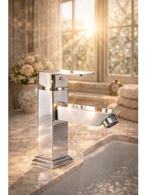 Elmina Armatür Krom Lavabo Bataryası Modern Kare Tasarım Banyo Musluğu Sıcak Soğuk Ayarlı Çift Su Girişli