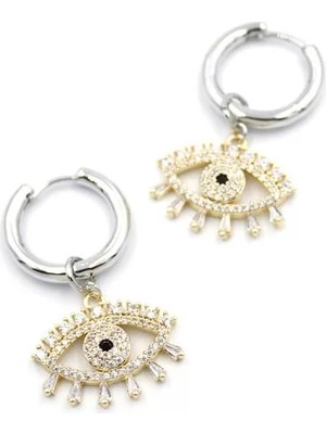 Die Grup Zirkon Taşlı Göz Halka Küpe - Altın