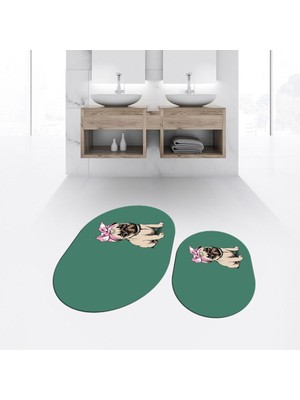 PremiumPort Yıkanabilir Oval Ikili Banyo Paspası ve Klozet Takımı, Kaymaz Taban, Yeşil