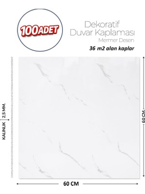 Brano 60X60 cm Kendinden Yapışkanlı Duvar,banyo,tezgah Arası Beyaz Mermer-100 Adet
