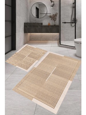 PremiumPort Modern Dijital Baskılı Banyo Halısı Takımı, 100X60+60X50 cm