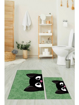 PremiumPort Yıkanabilir, Kaymaz, Kedi Desenli, Ikili Banyo Halısı ve Paspas Seti