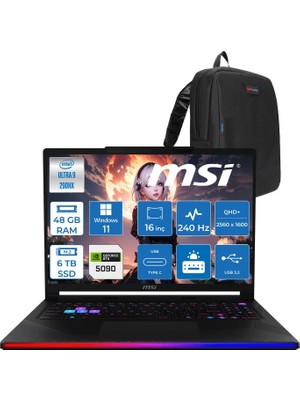 Msi Raider 16 Max Hx OLED B2WJ-022TR Intel Core Ultra 9 290HX Plus 48GB Ddr5 6tb SSD Rtx 5090 24GB 175W Windows 11 Home 16” Qhd+ (2560X1600) 240Hz Oyuncu Bilgisayarı 022TRH09 + Zetta Çanta