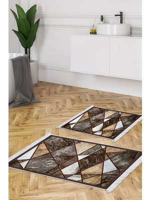 PremiumPort Modern Keçe Banyo Paspas Takımı, Kaymaz Taban, Saçaklı, Gri Kahve