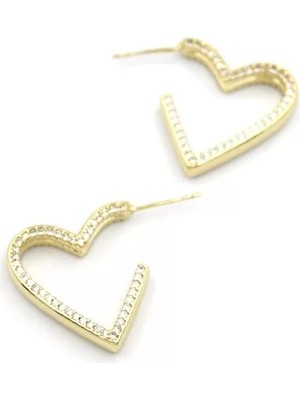 Die Grup Taşlı Kalp Küpe - 14K Altın