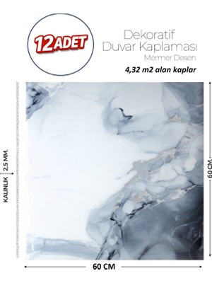 Brano 60X60 cm Kendinden Yapışkanlı Duvar,banyo,tezgah Arası Gri-Mavi Mermer-12 Adet