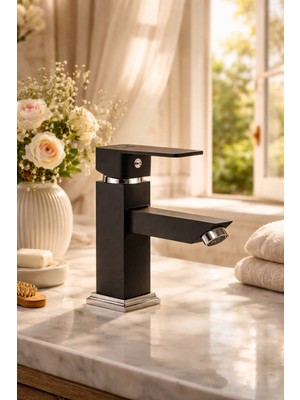 Elmina Armatür Mat Siyah Lavabo Bataryası Modern Kare Tasarım Banyo Musluğu Sıcak Soğuk Ayarlı Çift Su Girişli