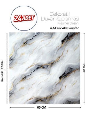 Brano 60X60 cm Kendinden Yapışkanlı Duvar,banyo,tezgah Arası Gri-Siyah Mermer-24 Adet