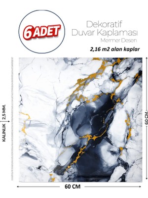 Brano 60X60 cm Kendinden Yapışkanlı Duvar,banyo,tezgah Arası Mavi-Siyah Mermer-6 Adet