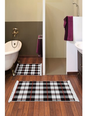 PremiumPort Modern Siyah Kaymaz Taban Banyo Paspas Takımı, Trend Saçaklı, Düşük Kayma