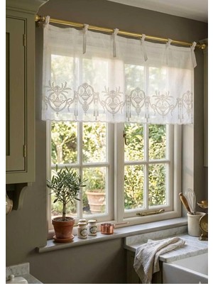 Farbela Keten Grek Tül Üzerine Süzene Nakışlı Farbela Perder