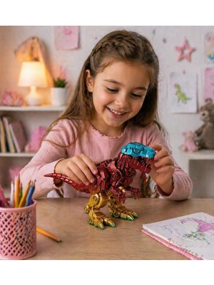 Robotik Görünümlü T-Rex Dinozor Figürü – Metalik Efektli Plastik Dekoratif Biblo (Sabit Model