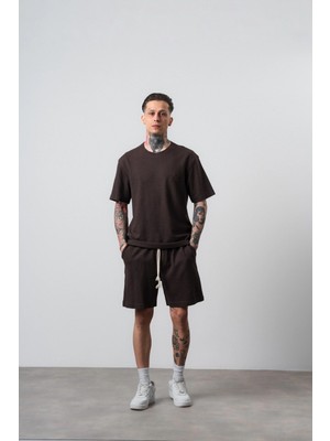 Respire Erkek Pis Dikişli Regular Fit T-Shirt Şort Takım Kahve